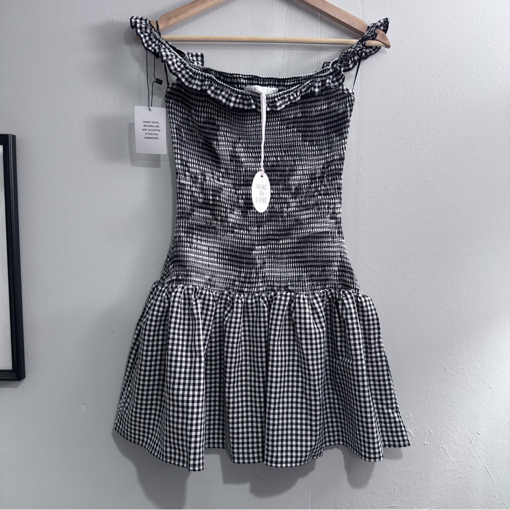 Smocked Black & White Gingham Off-Shoulder Dress
